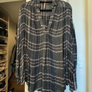 Free People Green and Gold Pleated Mandarin Collar Blouse